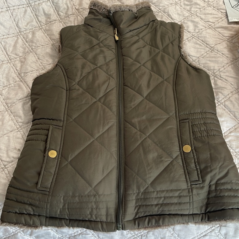 Quilted Green Vest with revsible Faux Fur Lining